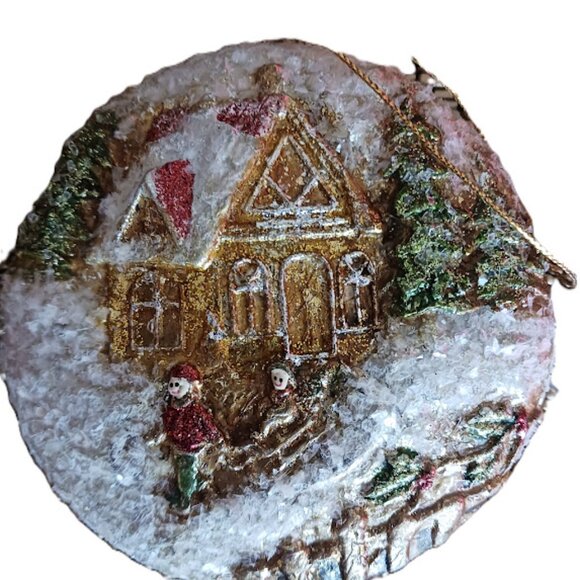 Vtg Church Ornaments, Disc, Glitter Frosted, 2 sided, set of 4 - Picture 3 of 6